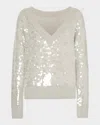 Milly Ilaria Sequin V-neck Long Sleeve Sweater In Metallic