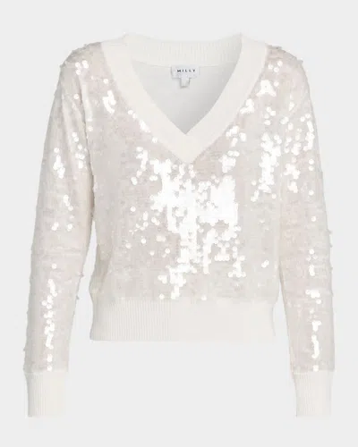 Milly Ilaria Deep V-neck Sequin Sweater In Neutral