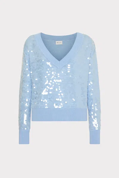 Milly Ilaria Sequin V-neck Long Sleeve Sweater In Light Blue