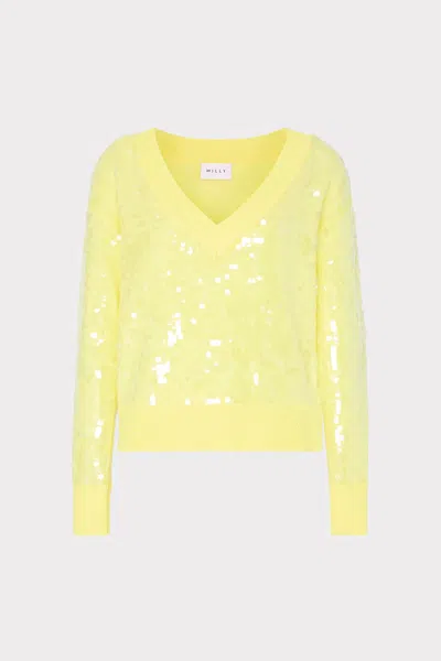 Milly Ilaria Sequin V-neck Long Sleeve Sweater In Light Yellow