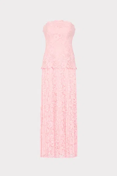 Milly Illy Norelle Strapless Mixed Laces Pleated Maxi Dress In Pink