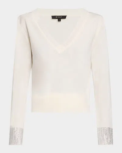 Milly Ilyse Crystal-cuff Wool And Cashmere Sweater In Ecru