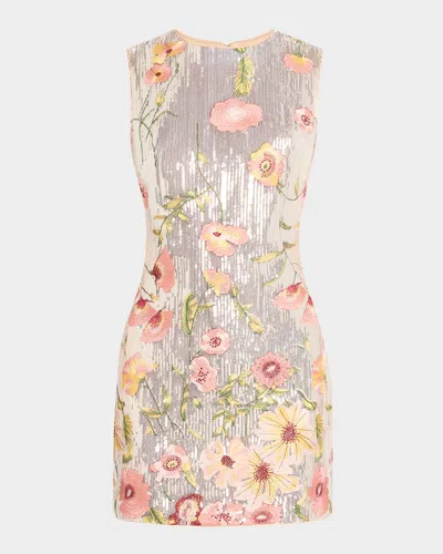 Milly Ivette Floral Sequins Embroidery Mini Dress In Silver
