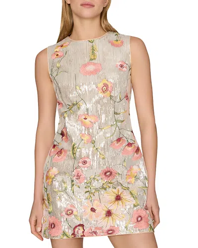 Milly Ivette Floral Sequins Embroidery Mini Dress In Silver