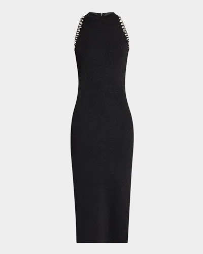 Milly Izel Crystal Halter Ribbed Midi Dress In Metallic Black