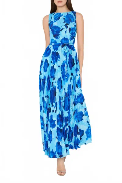 MILLY JASMINE BLURRED BLOSSOM PLEATED DRESS IN BLUE MULTI
