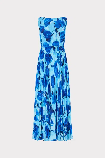 Milly Jasmine Blurred Blossom Pleated Maxi Dress In Blue
