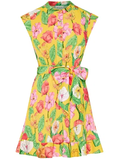 Milly Joan Tulip Rosette Pleated Mini Dress In Yellow