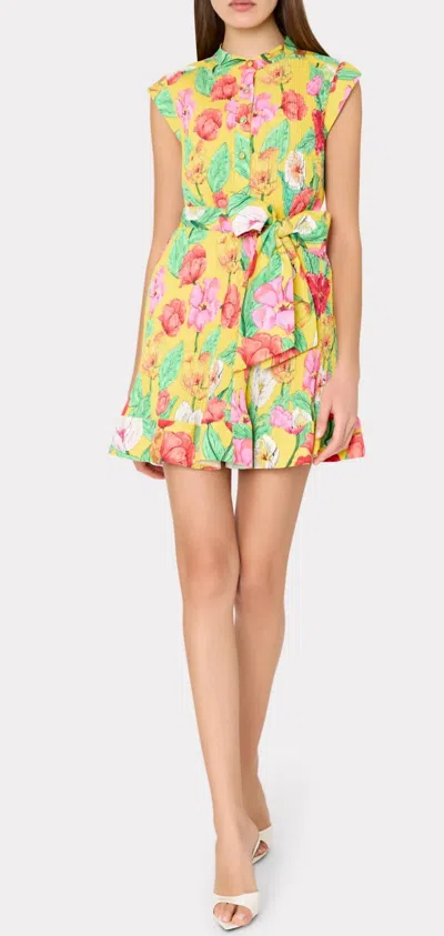 Milly Joan Tulip Rosette Pleated Dress In Yellow In Multi