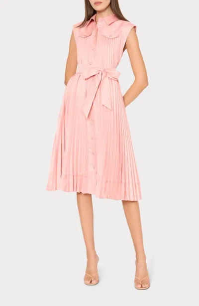 Milly Johanna Pleat Twill Midi Shirtdress In Pink