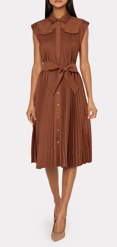Milly Johanna Pleated Twill Midi Dress In Brown