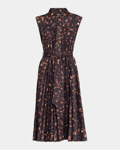 Milly Johanna Printed Accordion-pleat Knee-length Dress In Brown