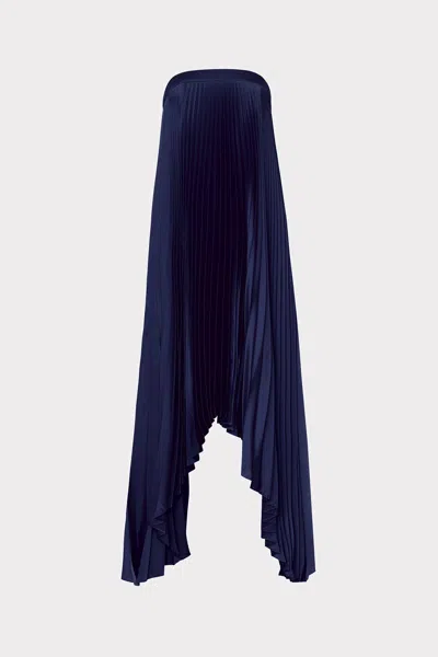 Milly Jordyn Satin Pleated Strapless Maxi Dress In Navy