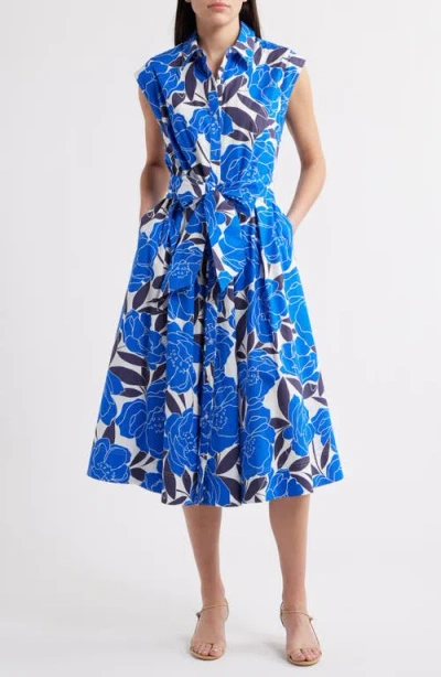 Milly Jules Camellia Floral Belted Poplin Fit & Flare Dress In Blue Multi
