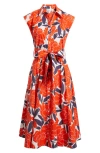 Milly Jules Camellia Floral Belted Poplin Fit & Flare Dress In Coral Multi