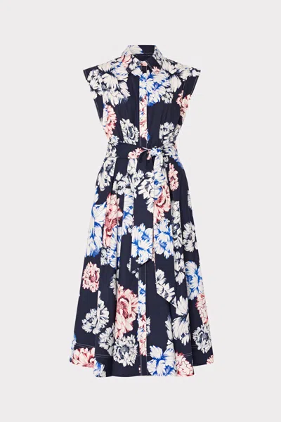 Milly Jules Printed Poplin Midi Dress In Navy