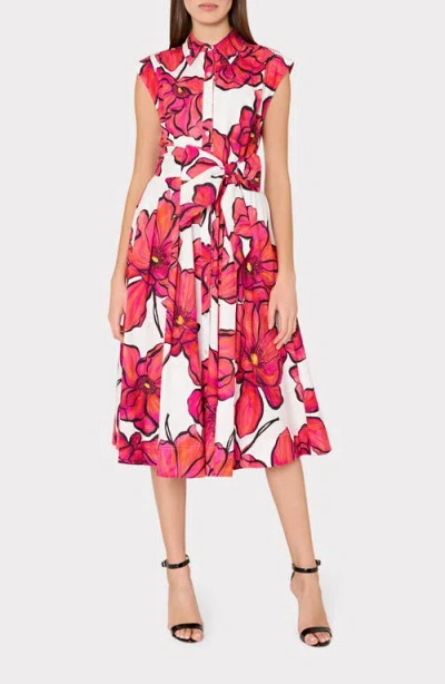 Milly Jules Windflower Stretch Cotton Midi Shirtdress In Coral Multi