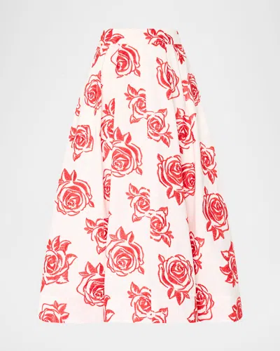 Milly Juliet Rose Embroidery Cotton Midi Skirt In Red
