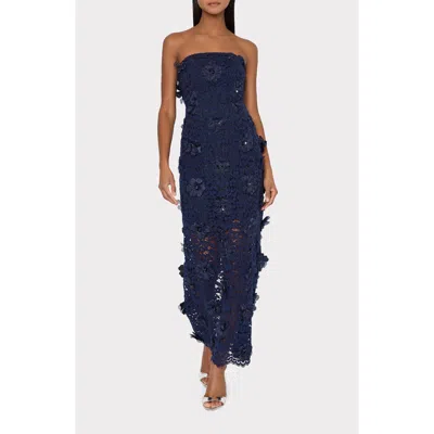 Milly Kait Floral Lace Sequin Strapless Gown In Blue