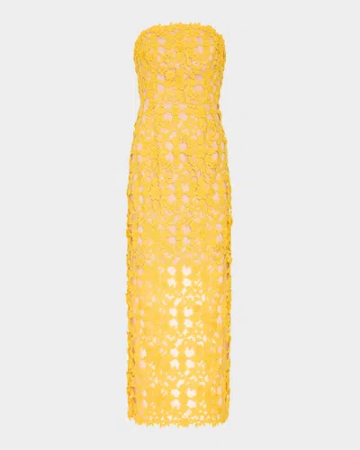Milly Kait Strapless Crochet Lace Midi Dress In Yellow