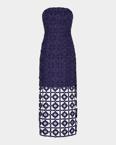 Milly Kait Strapless Tiled Lace Midi Dress In Blue
