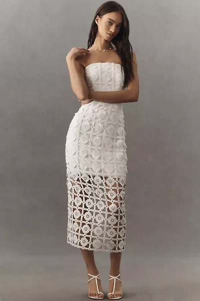 Milly Kait Strapless Tiled Lace Midi Dress In White