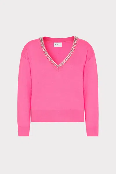 Milly Kalia Crystal V-neck Long Sleeve Sweater In  Pink