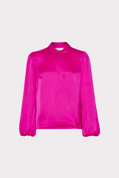 Milly Karson Satin Wrap Long Sleeve Blouse In Purple