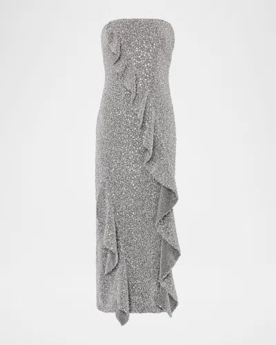 MILLY KATY STRAPLESS RUFFLE SEQUIN MIDI DRESS
