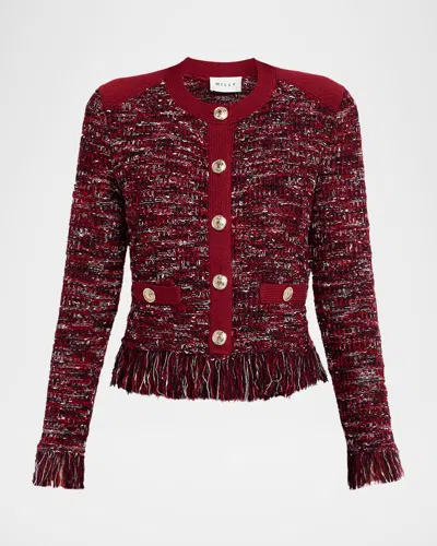 Milly Kelly Fringed Tweed Knit Cardigan Jacket In Red