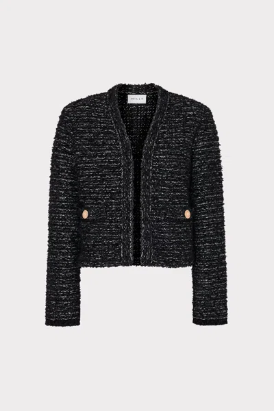 Milly Knit Textured Boucle Cardigan Jacket In Black