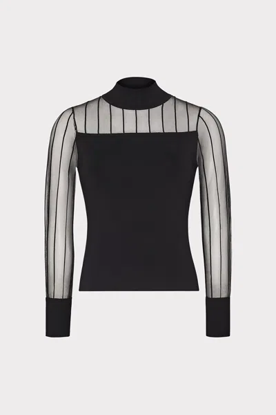 Milly Krissy Sheer Knit Mockneck Long Sleeve Top In Black
