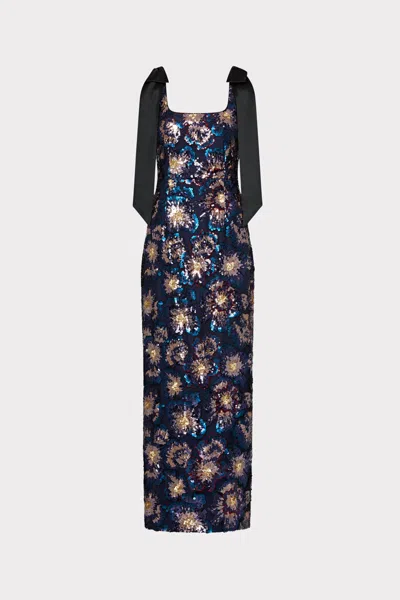 Milly Kyle Satin Bow Column Maxi Dress In Blue