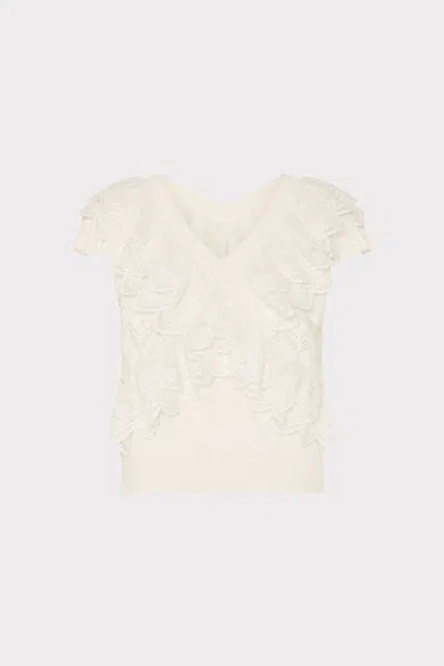 Milly Lace Ruffle Knit V-neck Short Sleeve Top In Ecru