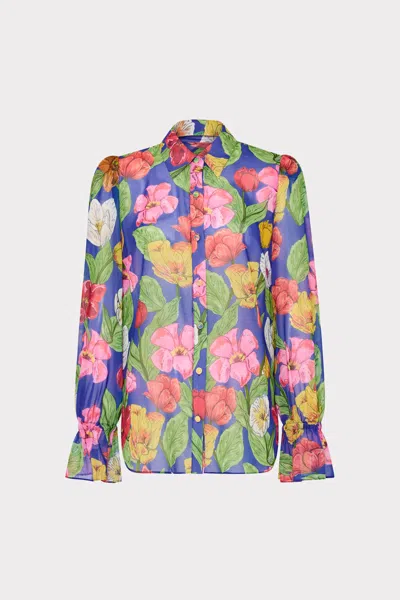 Milly Lacey Tulip Rosette Long Sleeve Blouse In Royal Blue