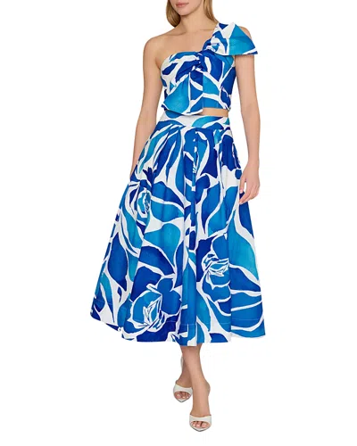 Milly Laney Floral Bow Twist Cropped Top In Teal Blue Multi