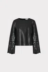 Milly Lara Faux Leather Embroidered Long Sleeve Top In Black