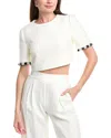 Milly Lee Beaded Fringe Short Sleeve Top In White