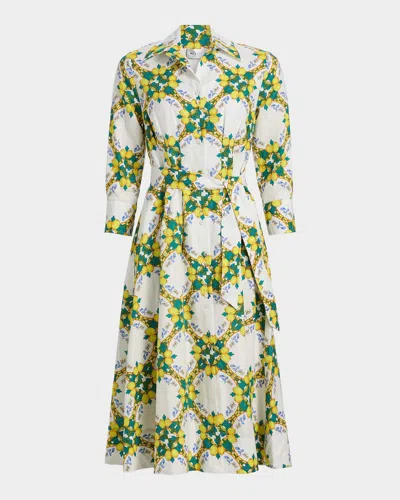 Milly Lexi Lemon Lattice Tie-waist Midi Shirtdress In Green
