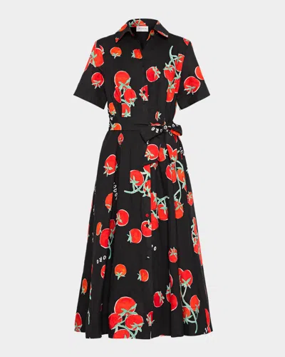 Milly Lexi Pleated Tomato-print Midi Shirtdress In Black