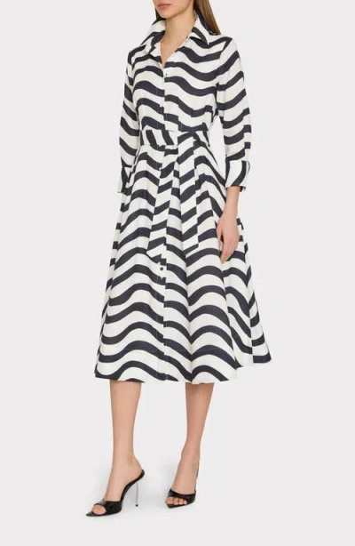 Milly Lexi Stripe Tie Waist Long Sleeve Midi Shirtdress In Blue