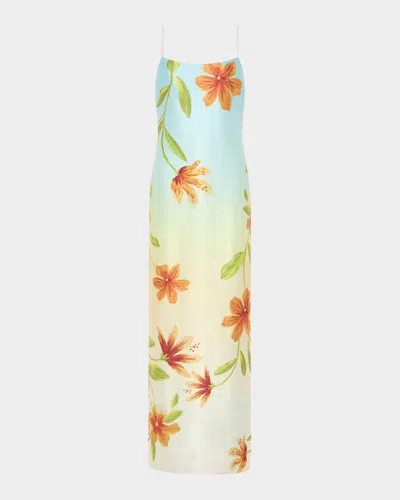 Milly Lily Floral-print Satin Column Maxi Dress In Yellow Multi