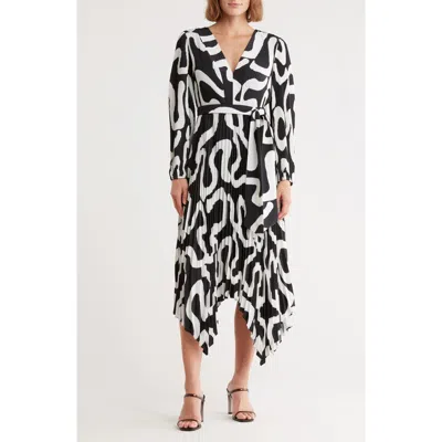 Milly Liora Ink Print Long Sleeve Pleated Midi Dress In Black