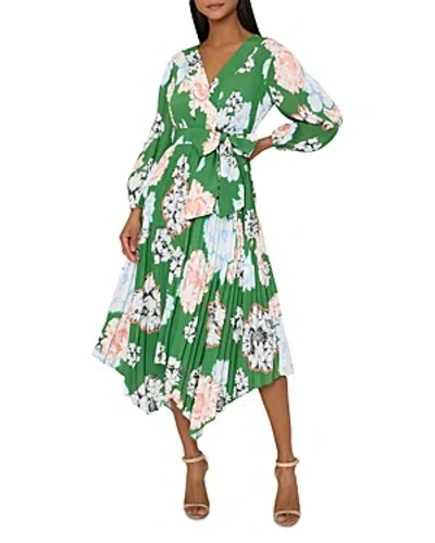 Milly Liora Petals In Bloom Pleated Midi Dress In Green