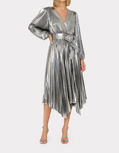 Milly Liora Pleated Metallic Plunge Neckline Dress In Grey