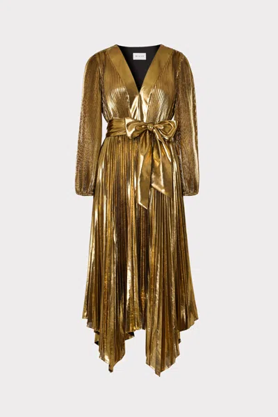 Milly Liora Pleated Lame Maxi Dress In Gold