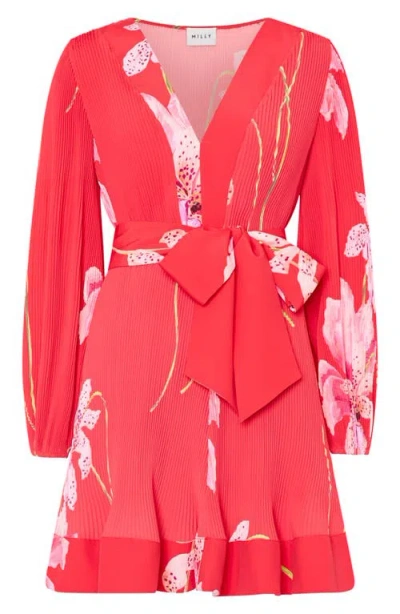 Milly Liv Floral Long Sleeve Pleated Minidress In Red