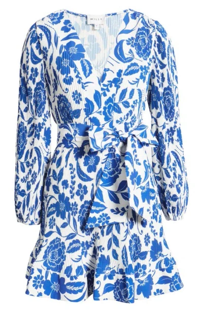 Milly Liv Flowers Of Spain Long Sleeve Pleated Dress In Blue/ White
