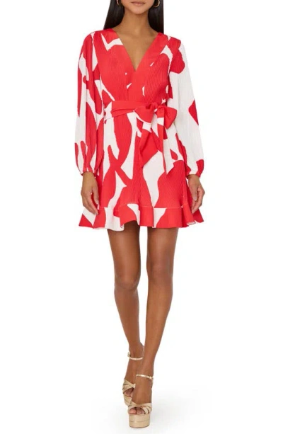 Milly Liv Grand Foliage Pleated Long Sleeve Minidress In Red/ White