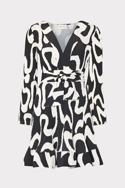 Milly Liora Ink Print Long Sleeve Pleated Midi Dress In Black